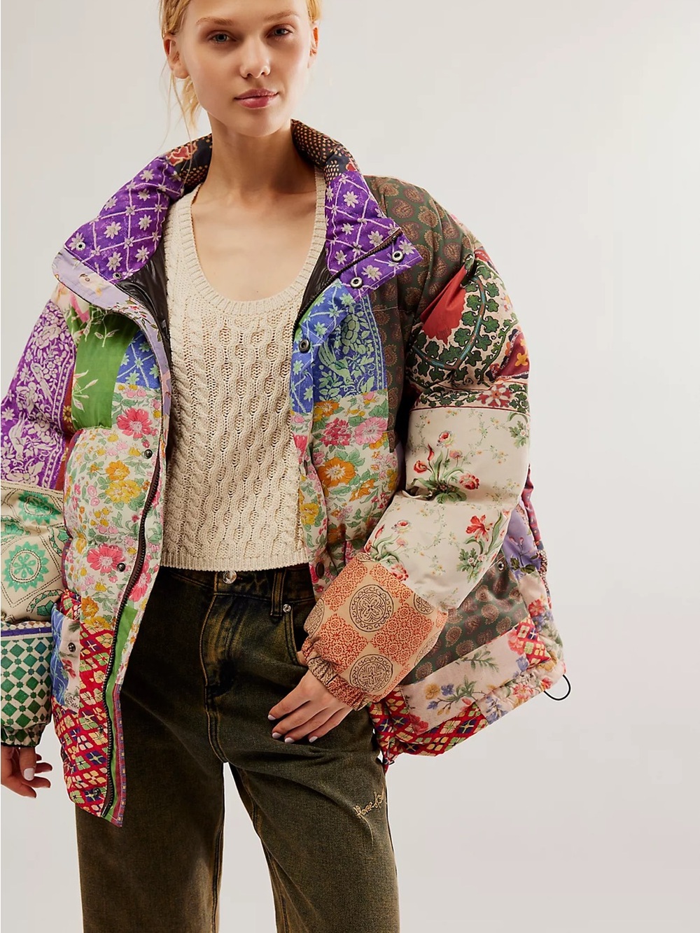 Free People Found Patchwork Puffer Jacket Womens Paisley Quilted